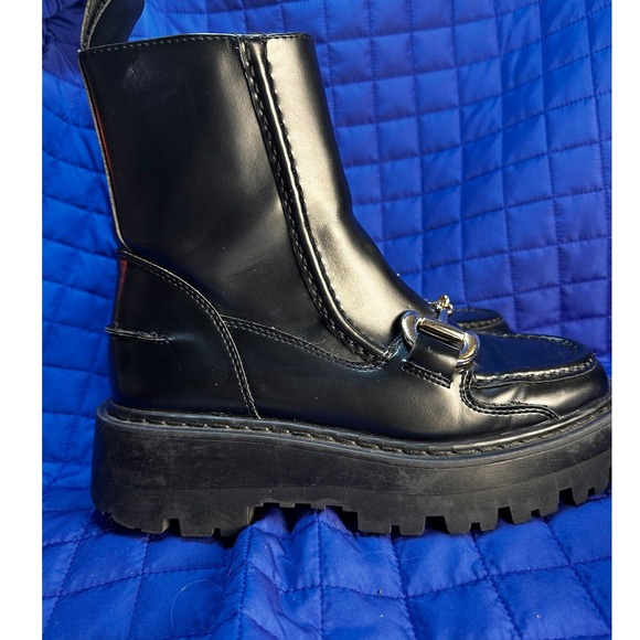 H&M Women's Black Patent Leather Lug Sole Ankle Boots Equestrian Size 8 Platform - Picture 10 of 12